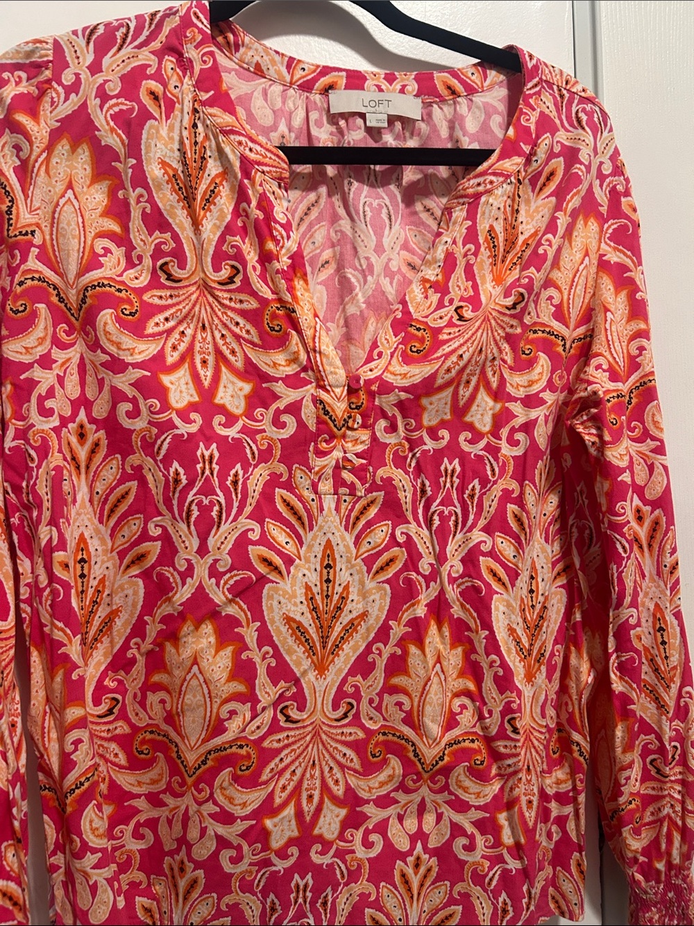 LOFT Pink Paisley-Style V-Neck Tunic with Orange Accents